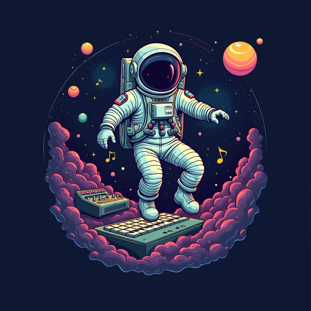 Create a logo with space in the background and an astronaut floating with a recording studio composing a song in drawing