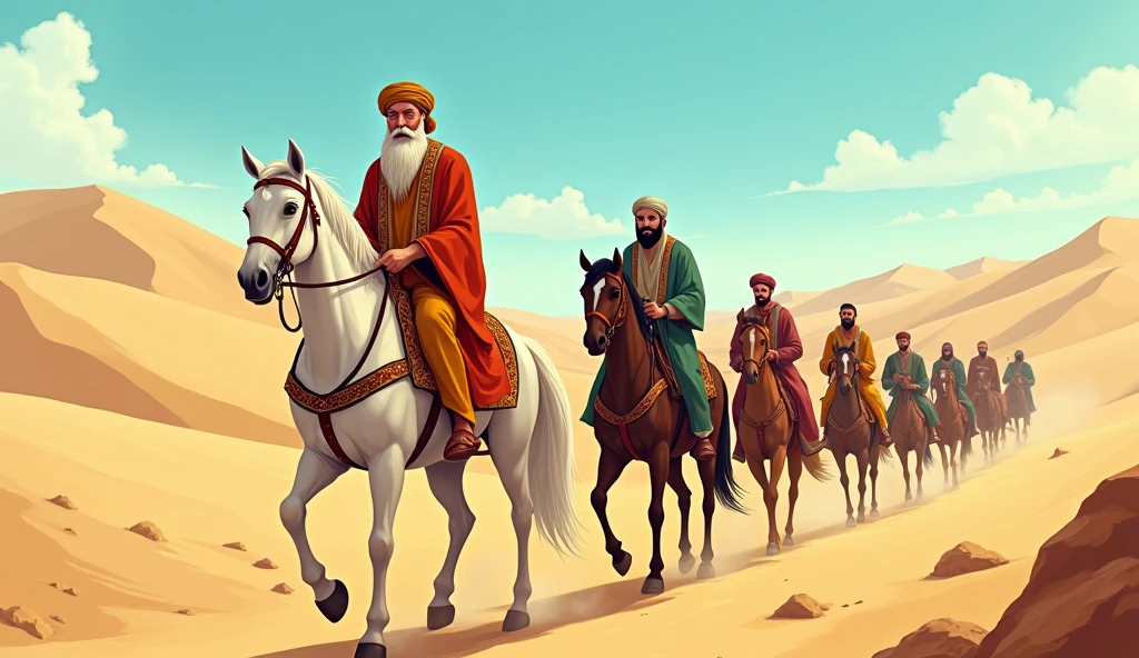 Animated image of a Muslim man riding a horse with his family and followers to go to the city of Kufa