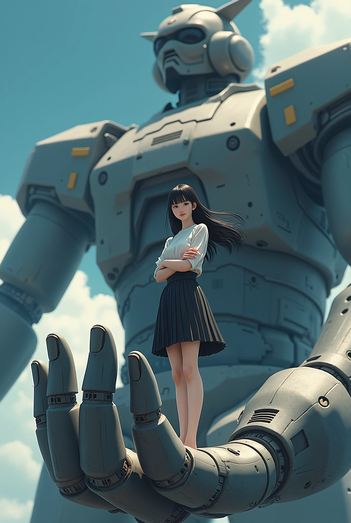 A high school girl stands with her arms folded on the palm of a giant robot、Black Hair、Bobcut、Japanese、beautiful、Dynamic composition、Real。