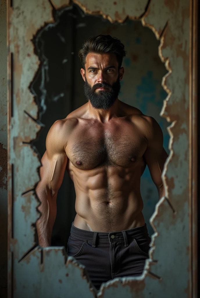 there is a man taking a picture of himself in the mirror, cracked, torn open, suitable photo, Scrawny, mas brawny, mid shot of a handsome guy, hairy chest and hairy body, Lean and muscular, chiseled, hairy body, hairy bodies, [ rigidly defined abdomen ]!!, brawny, partially male hairy torso, muscles