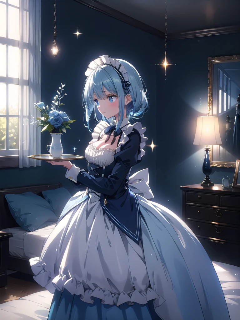 ((8k, Best Quality, Masterpiece: 1.3)), Ultra High Resolution, (One Girl, One Person), (Color Changing Eyes, Super Detailed, Expressive Sparkle, Sparkling, Glowing Eyes), Highly Detailed Eyes,In a chic, contemporary bedroom illuminated by soft, ambient lighting, a young maid with sky-blue hair stands near a window, casting a wistful glance outside. Her hair, styled in a semi-long cut, features a gradient from a rich blue at the roots to a light, airy blue at the tips, flowing elegantly around her. She is dressed in a navy blue maid dress with frills that accentuate her figure and emphasize her cleavage in a subtle yet enticing manner. The maid stands with one hand resting on the windowsill and the other holding a decorative tray with a tea set. Her pose is both graceful and contemplative, adding a serene quality to her demeanor. The bedroom features stylish, modern furnishings including a neatly arranged bed with soft linens, a small desk with a lamp, and a few tasteful decorations, all contributing to an inviting and stylish atmosphere.