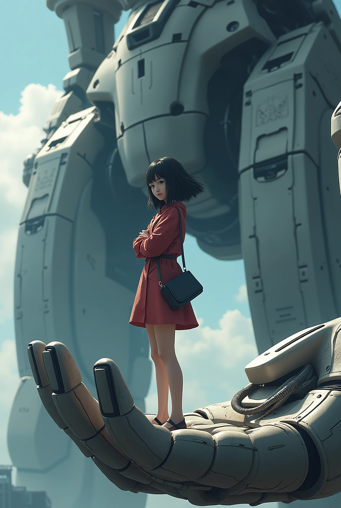 A high school girl stands with her arms folded on the palm of a giant robot、Black Hair、Bobcut、Japanese、beautiful、Dynamic composition、Real。