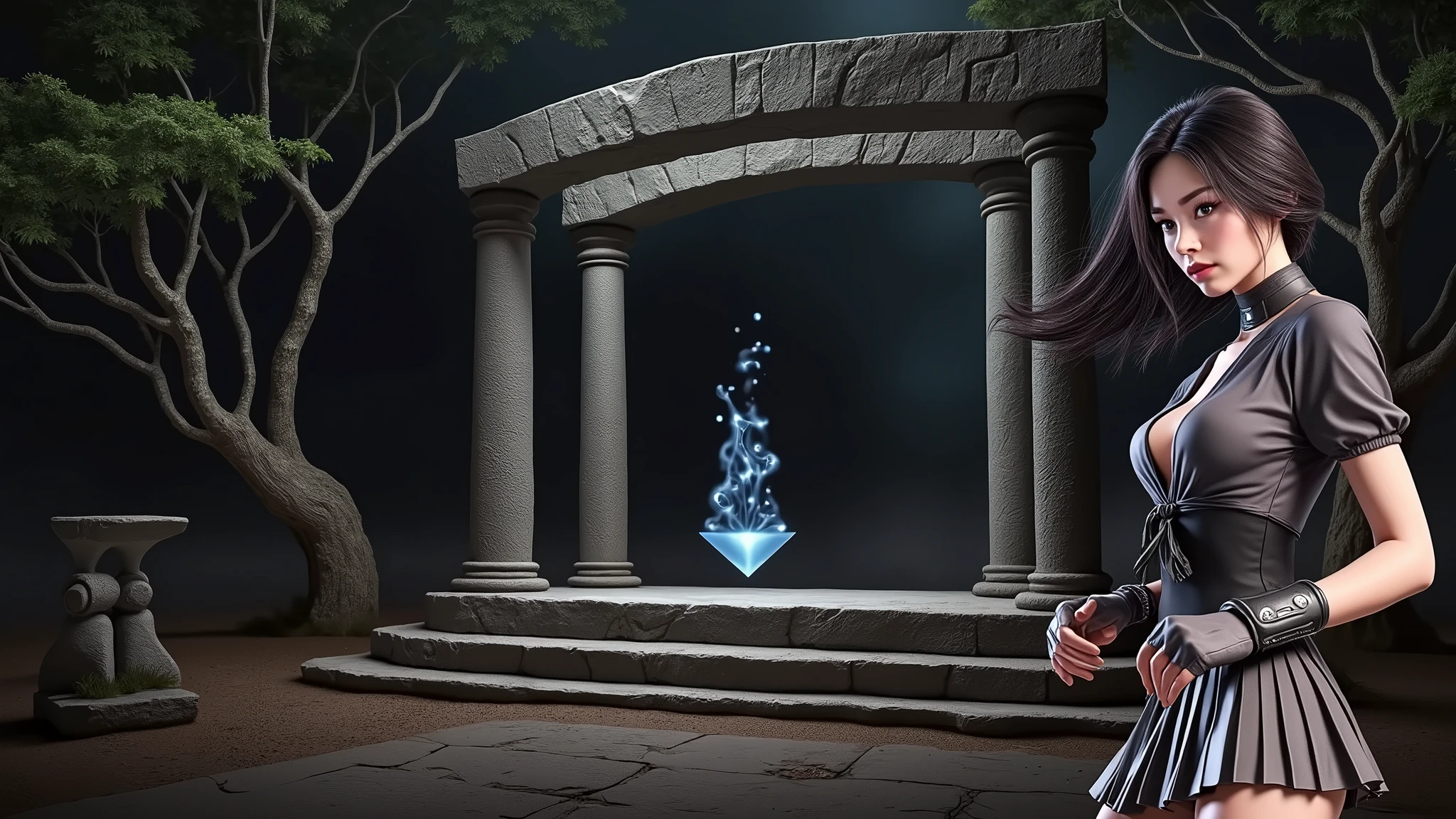 A young futuristic female sorcerer with a glowing floating small crystal stone, releasing mysterial spell and magical power, facing and defeating dark forces and beings. She stands with her right hand raised forward with a blue fire of light, at night, (1girl, solo, alone), photorealistic, large-breast slim:0.6 body, oval:0.5 face, cleavage:1.1, very low angle view of pleated miniskirt, deep-v, (upskirt), glove, (Matrix style black micro sunglasses), dynamic running pose, (half-body thigh level close-up shot), cinematic lighting, ray tracing, motion blur background.