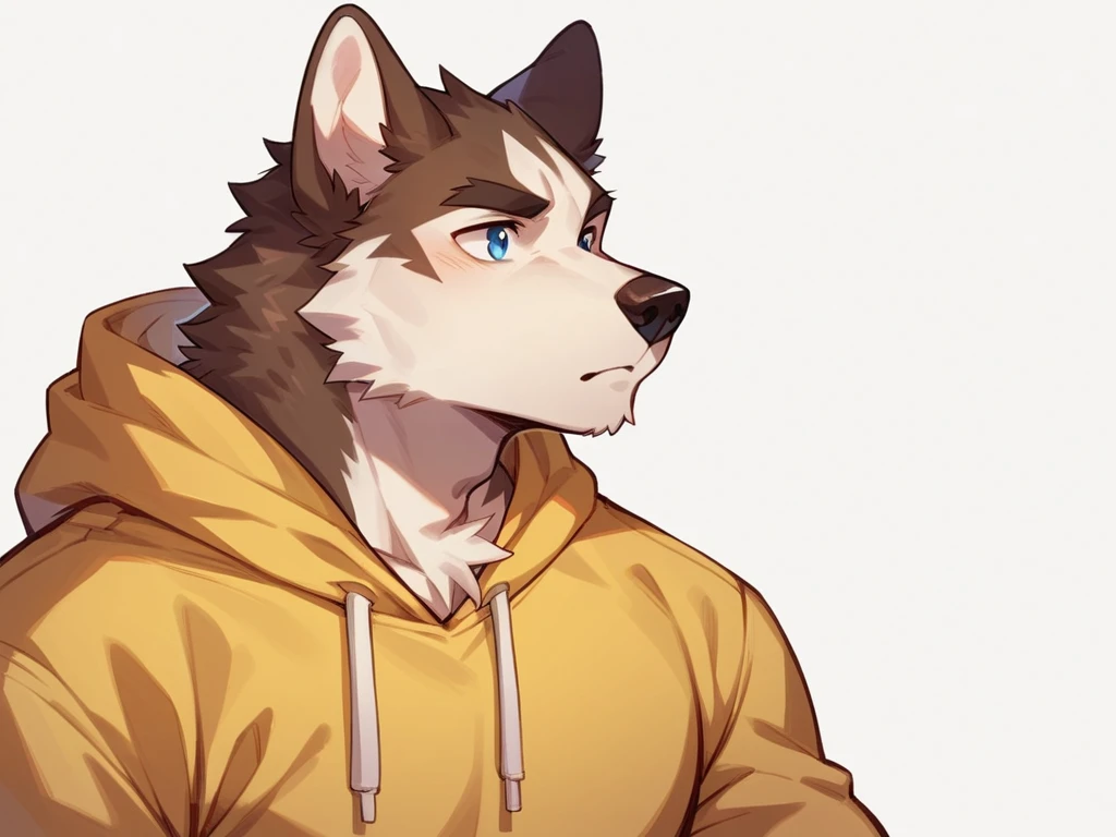 score_9, score_8_up, score_7_up, high quality, hires, anthro, male, husky, brown fur, brown ears, mostly white fur, blue eyes, yellow hoodie, brown shorts, white background,