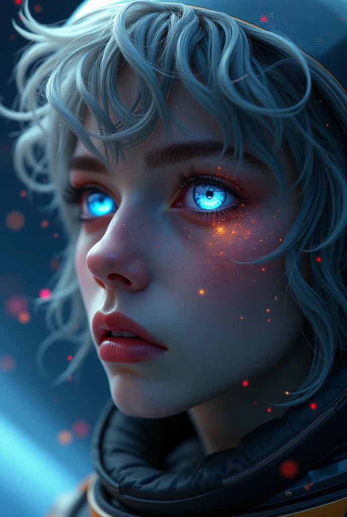 (Close-up of a better masterpiece:1.5)0.9], (Space and astronauts:1.2) (Messy silver hair:1.1) (Heterochromia xanthochromia and blue eyes:1.2) (Space Helmet:1.0) (Colored stars in the eyes:1.0) (A radiant glow:1.1) (thick lips:0.9)