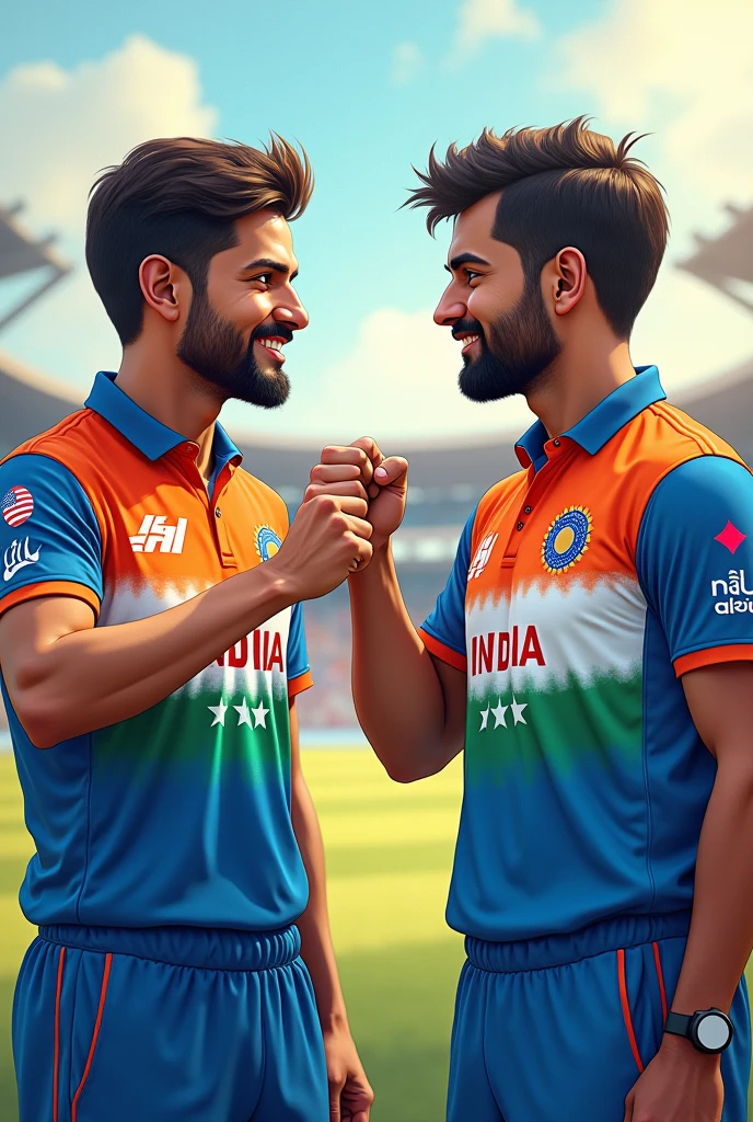 Two person with cricket india  jersey fist bumping 