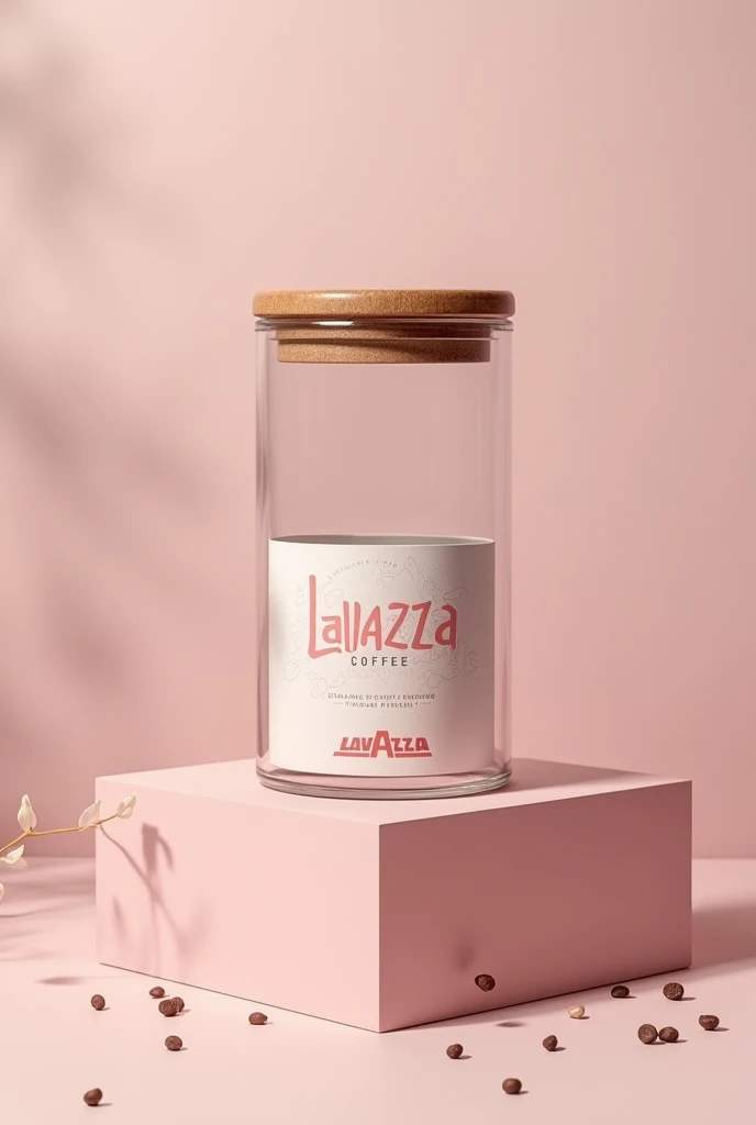 Make me a glass container, with sustainable ground coffee packaging and a Lavazza coffee label with pretty typography in pastel pink colors and a wooden lid. That it comes with a size of 3 kilos of coffee on the label