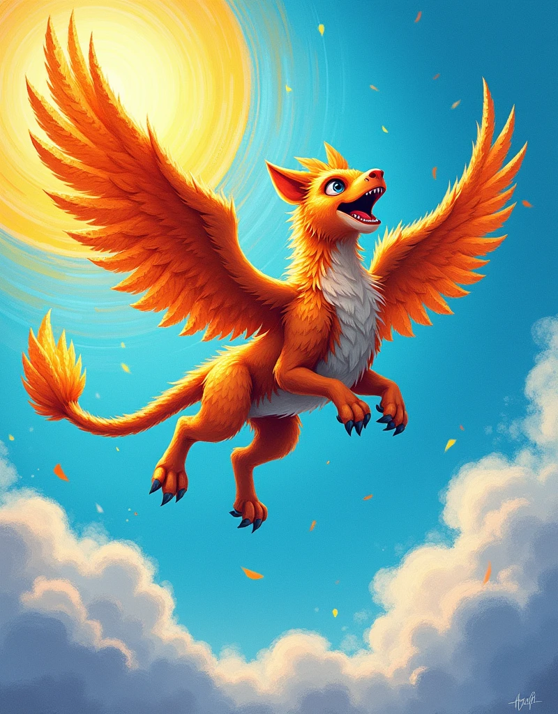 Drawings drawn by children, Drawn with crayons, (Griffon), Sky-high, Flying through the clouds, Powerful wings, Light of the sun, Sharp Eye