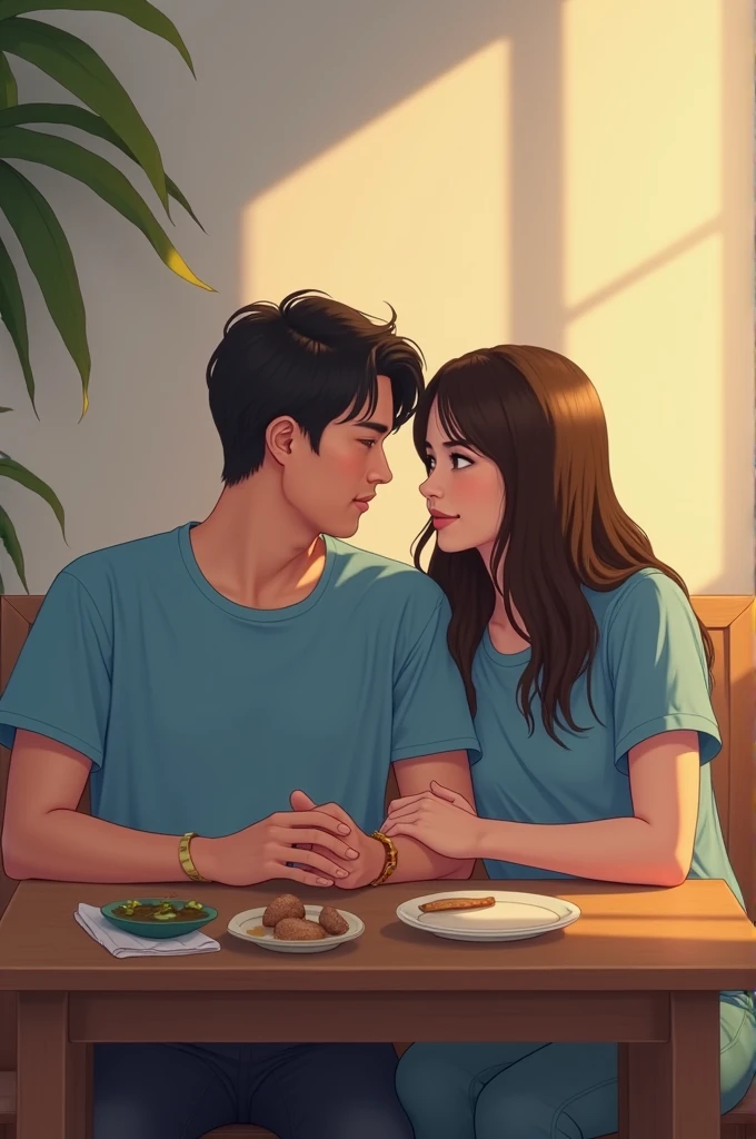 a guy and a girl in blue t-shirts are sitting next to the table