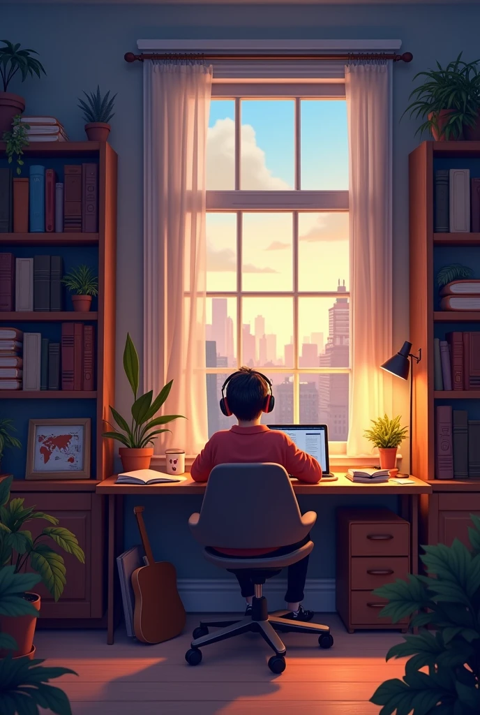 Create an image featuring a character sitting at a desk with headphones on, in a cozy room with warm lighting. The room should have elements such as books, decorations, and a window showing either a cityscape or nature. The atmosphere should be calm and inviting, suitable for studying or relaxing. Include soft shadows to enhance the warmth of the scene , 16:9 image size