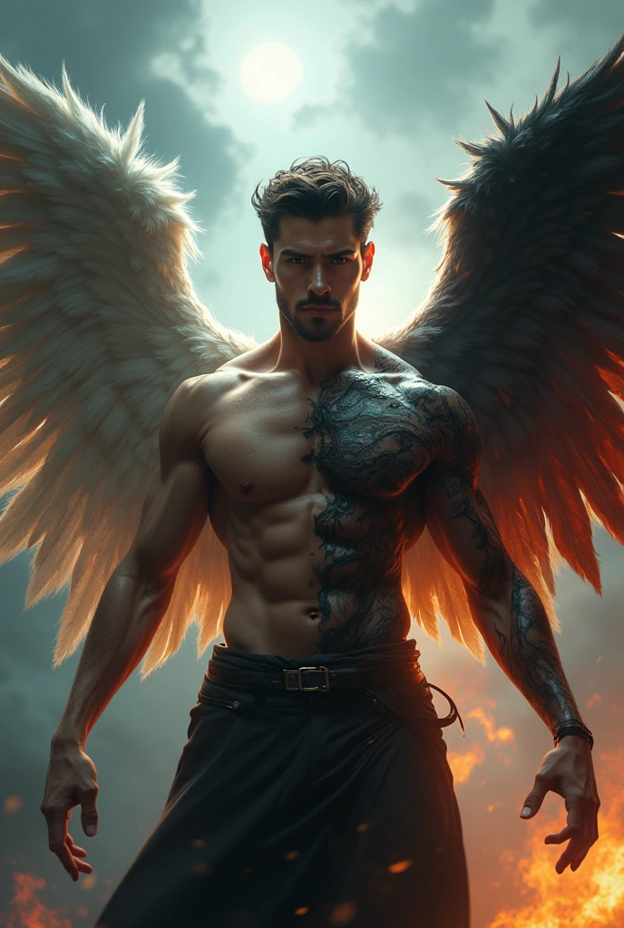 I want a person who is a man, half angel and half demon with his wings open for a cover image