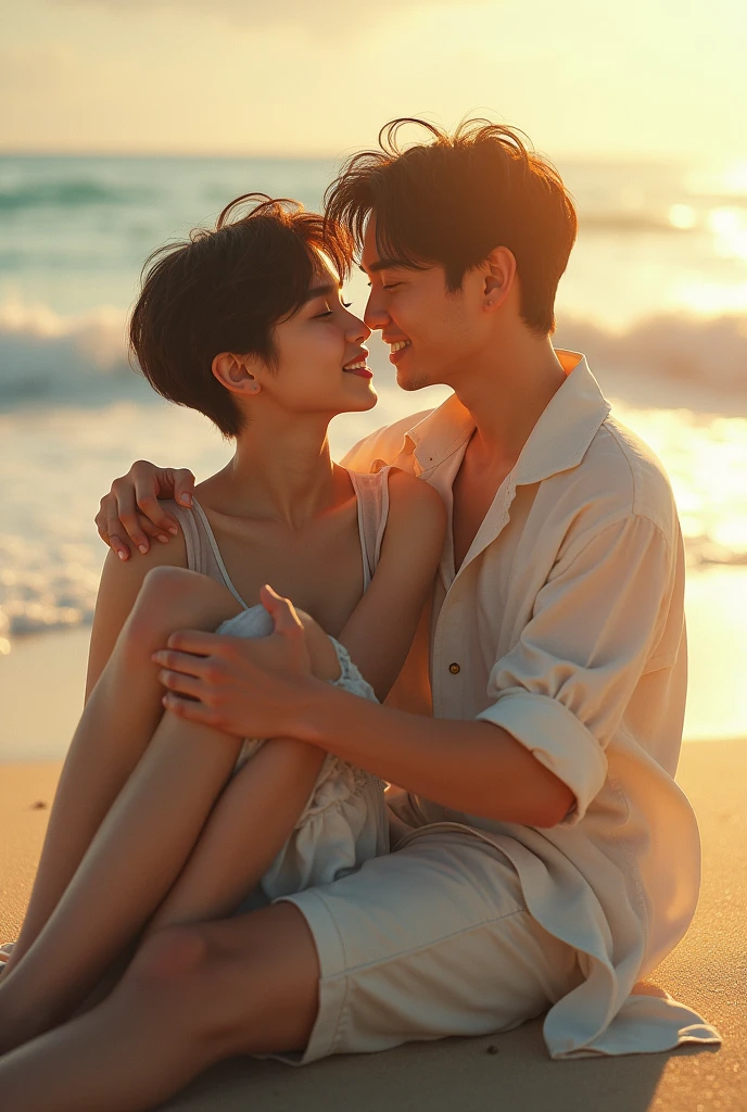 BTS's Jungkook and Jimin cuddling on a beach on a sunny day