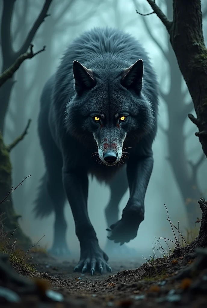 Very scary wolf with red scars