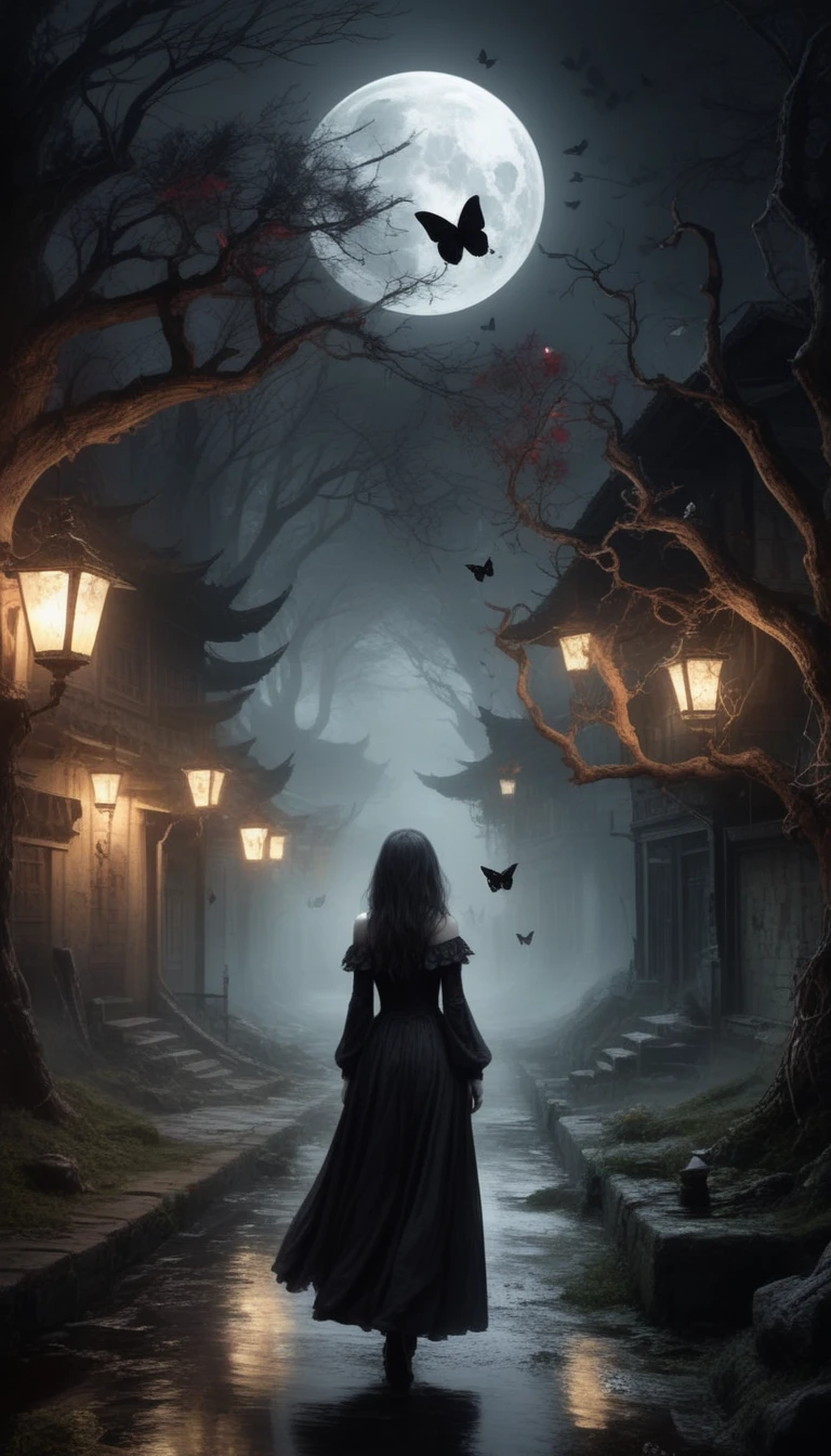 (HD wallpaper),(orc:1.5),((shadow queen Selina)),((mobile legends character)),(devil theme:1.5),(dark horror theme:1.5),(thriller:1.5),(inspiration from Stephen King:1.5),(dark fantasy:1.5), (ink and watercolor painting:1.5), (black and white color:1.5), 8k, 4k, (landscapes:1.5),(A large number of butterflies fairies fly towards the viewer:1.5),(ruined:1.5),(ruined village:1.5),(1800s:1.5), (ruined theme:1.5),(lots of flying butterflies fairies :1.5),(puddle:1.5),(Unpaved roads:1.5),(absurd deres:1.5),(fantastic:1.5),(best quality:1.5),(masterpiece:1.5),full body length,Quartz Manganite babygirl in red dress,pretty face,eyebrow up ,(( red scarf on hair )), Full body shot,ominous landscape,Fluorite Wulfenite atmosphere,by art Simon Stalking ,Nicola Samori,(((Wangechi Mutu))),prime colors,urban,extremely detailed,masterpiece,intricate details,faded,eyes extremely detailed, high detailed eyes,4k resolution,RAW, Nikon Z9,scary town,full body length, ghost towns,Winnie-the-Pooh Iridescent,intricate details,,orc,Stone Forest in Yunnan Province of China,best quality, ultra-detailed, realistic, portraits, dark and eerie atmosphere, glowing eyes, ethereal presence, hauntingly beautiful, ghostly figures, swirling mists, supernatural entities, demonic essence, shadowy forms, eerie whispers, sinister aura, hauntingly pale skin, dark and twisted branches, flickering candlelight, macabre elements, mysterious and enigmatic, spectral apparitions, gothic art style holding lamp , hauntingly captivating, spectral realm, hauntingly melancholic, otherworldly beauty, ethereal glow, hauntingly haunting, chilling and atmospheric, eerie and ominous lighting night mood, lamp , background palace, full moon, tree branches.