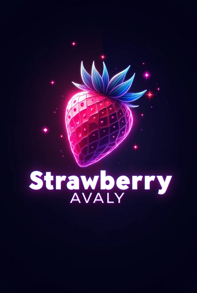 Develop a catchy logo for your electronic music party "strawberry", where the central image will be a stylized strawberry with a futuristic and neon touch. The strawberry must be drawn with precise geometric lines, displaying an electric glow in vibrant pink hues, intense purple and cyber blue, that reflect the energy and intensity of the party. Strawberry seeds can be represented by small glowing icons, similar to LEDs, giving the impression that the strawberry is pulsating to the rhythm of the music. The typography of the name "strawberry" must be modern and bold, with clean lines and sharp angles, as if the letters were made of light. Consider using a gradient or reflection effect on the letters to give the impression of movement and depth., as if they were emerging from a digital landscape. The color palette should be predominantly composed of the aforementioned neon tones., but you can also include touches of black or dark gray to create contrast and further highlight the brightness of the main colors.. The overall design should evoke a night party atmosphere, with a sensual and technological touch, perfectly capturing the vibrant, electronic essence of "strawberry". Mantenha o nome strawberry em português.