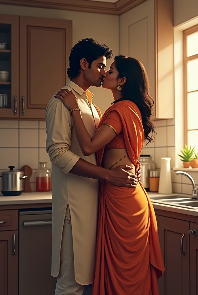 Indian 40 year old tall woman wears kurta and slacks lip kissing with and Indian teenage boy, in the kitchen his hands are in her exposed hip