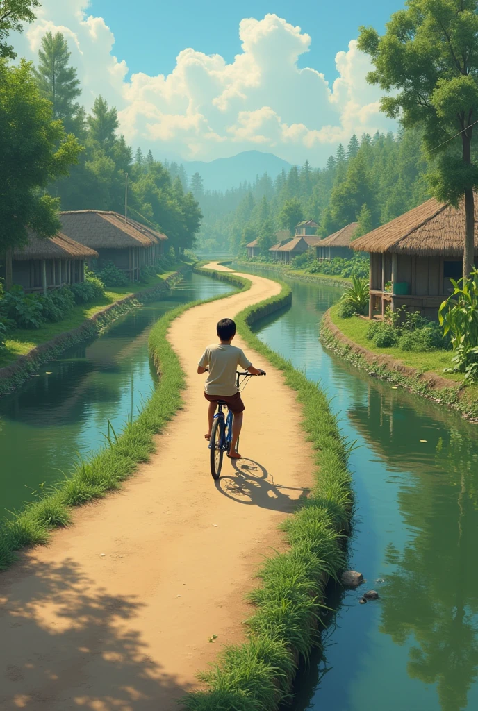 A boy rides a bicycle on a village road in Bangladesh. Fish ponds on both sides of the road
