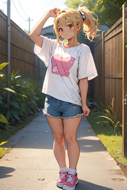 cute teenage girl, short stature,flat chest,Cute chubby girl, Chubby body type, blonde straight hair with fluff gathered in a ponytail、Brown eyes, ((takes off his oversized white t-shirt:1,6)), in short denim shorts., Pink sneakers,(( undresses:1,6)) in the backyard,