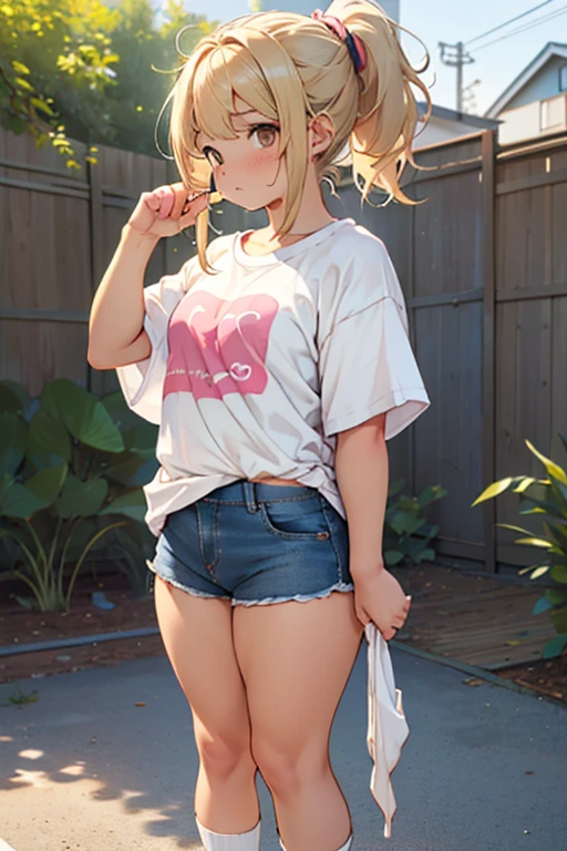 cute teenage girl,  short stature，flat chest，Cute chubby girl, Chubby body type, blonde straight hair with fluff gathered in a ponytail、Brown eyes, ((takes off his oversized white t-shirt:1,6)), in short denim shorts.,  Pink sneakers，(( undresses:1,6)) in the backyard，
