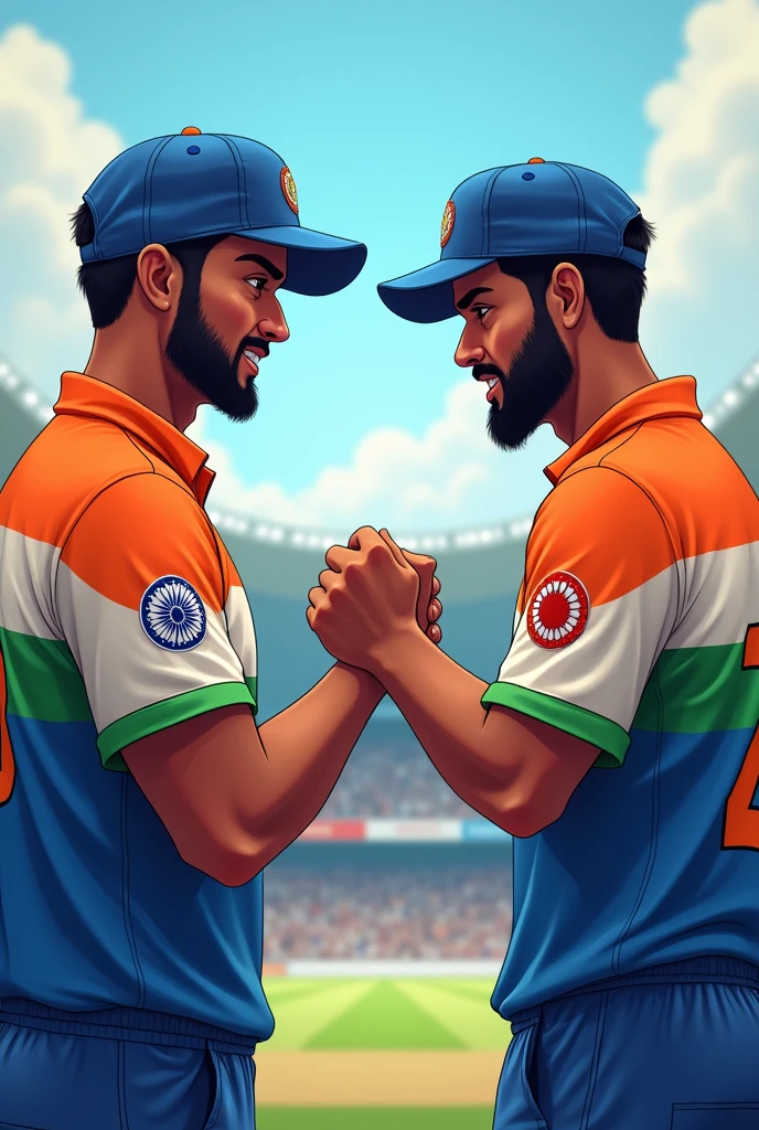 Two person with cricket india jersey fist bumping