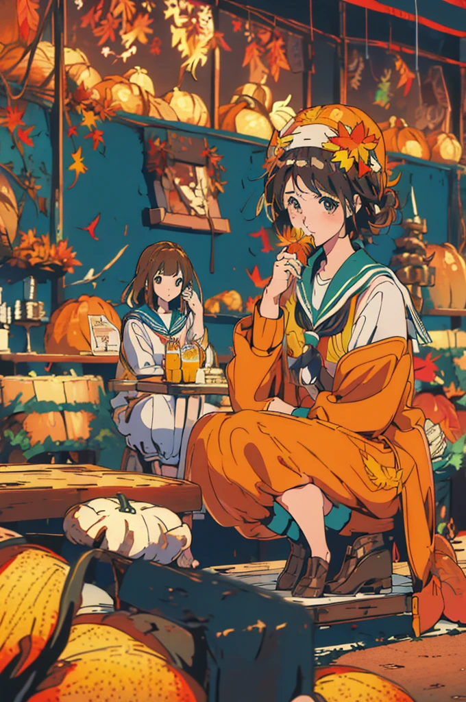 (masterpiece:1.2), Highest quality,Pixiv,Surprised girl,Portraiture、1、Large Breasts、Small waist、Close-up of face、Ecstasy、((((Autumn Outfits、Sailor suit、squat))))、mini skirt、Girl sitting、Beer and Yakitori、barefoot、High School Uniform、loafers