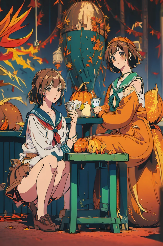 (masterpiece:1.2), Highest quality,Pixiv,Surprised girl,Portraiture、1、Large Breasts、Small waist、Close-up of face、Ecstasy、((((Autumn Outfits、Sailor suit、squat))))、mini skirt、Girl sitting、Beer and Yakitori、barefoot、High School Uniform、loafers