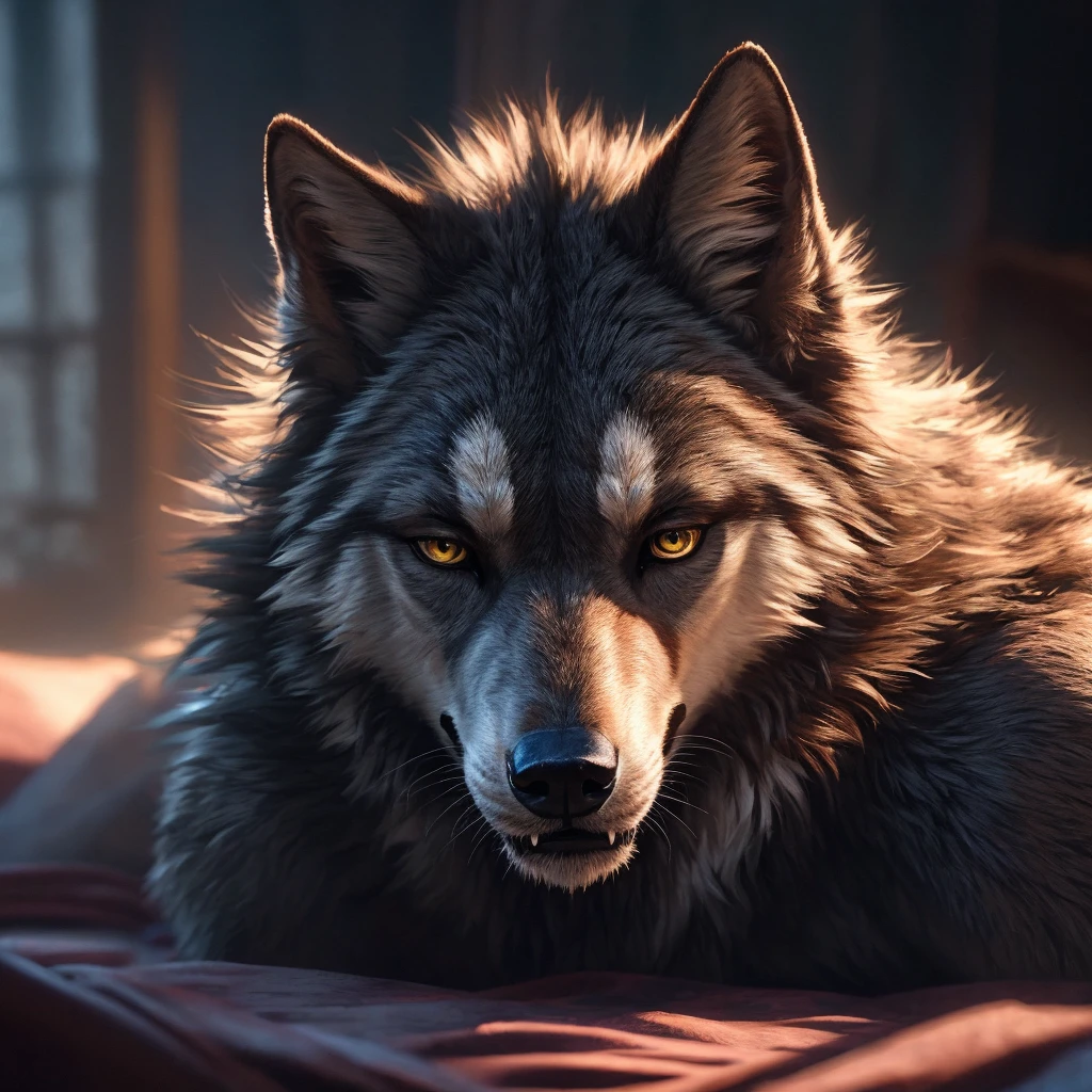a hot tomboyish female gray wolf laying down on a bed, detailed fur, yellow eyes, sharp fangs, detailed face, long eyelashes, (best quality,4k,8k,highres,masterpiece:1.2),ultra-detailed,(realistic,photorealistic,photo-realistic:1.37),studio lighting,extremely detailed,extremely detailed eyes and face,longeyelashes,detailed fur texture,sharp focus,vivid colors,natural lighting,moody atmosphere,dramatic lighting