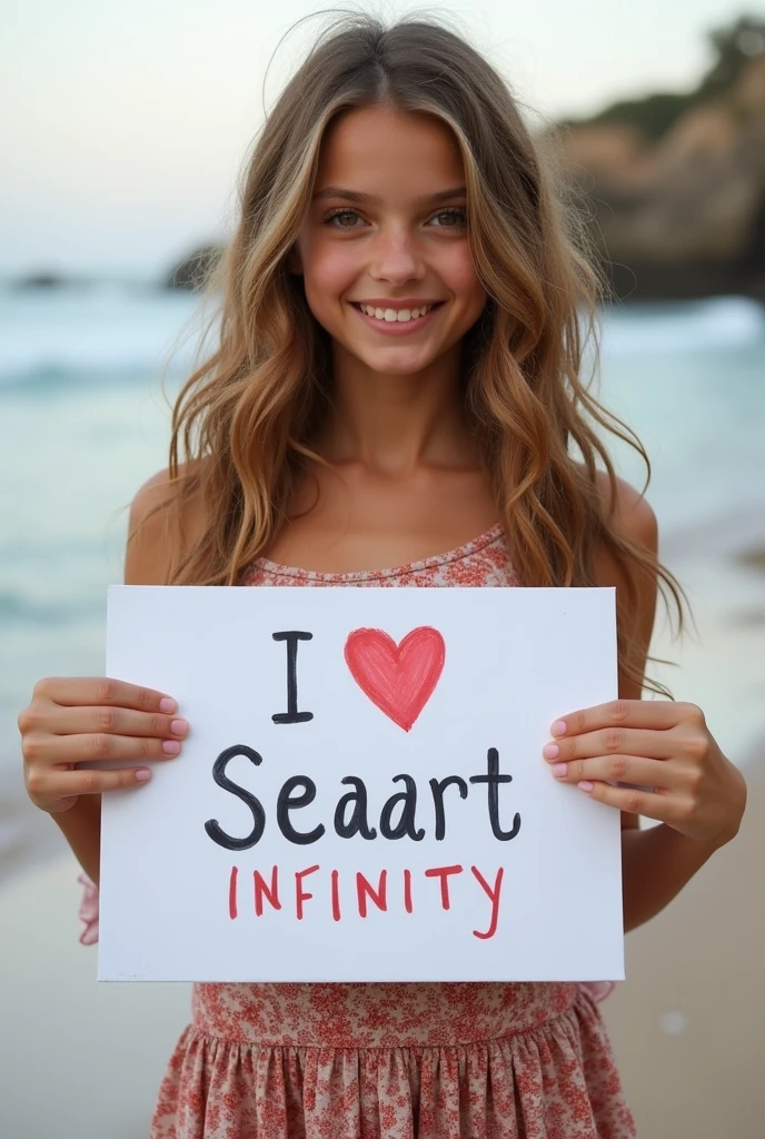 Beautiful girl with wavy long hair, bohemian dress, holding a white board with text "I Love Seaart Infinity" and showing it to the viewer