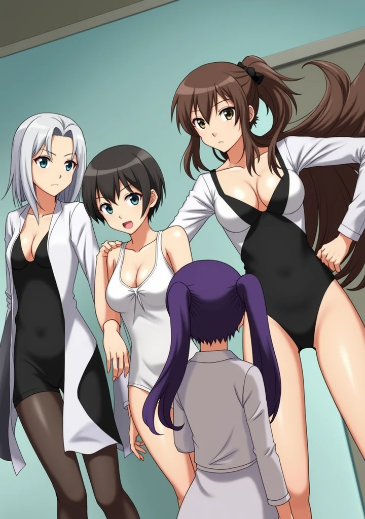 Four cute sexy adult teachers, one with long brown hair with a braid, another with short dark brown hair, another with short white hair with a serious expression. And finally, a girl with long purple hair with two pigtails, all four completely in underwear.