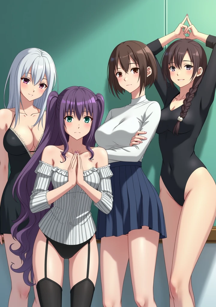 Four cute sexy adult teachers, one with long brown hair with a braid, another with short dark brown hair, another with short white hair with a serious expression. And finally, a girl with long purple hair with two pigtails, all four completely in underwear.