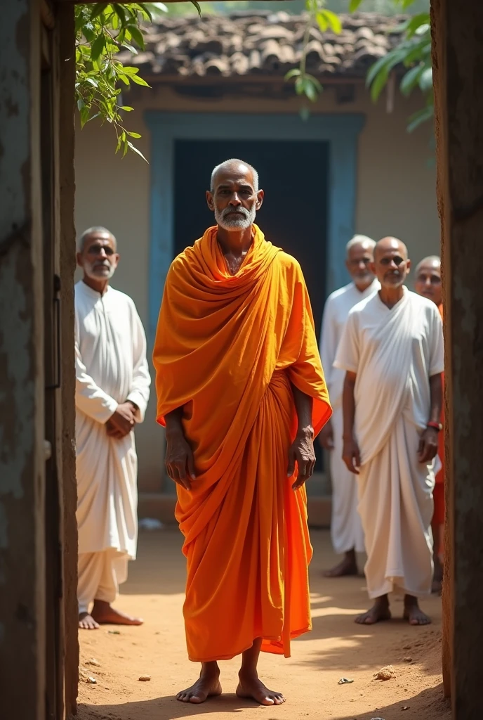 A young 2 Swami in a orange robe stands in front of a ramshackle kerala house. He was surrounded by old white-dressed people. Swami is walking towards the house after changing them. This is as seen by someone who opens the door of the house