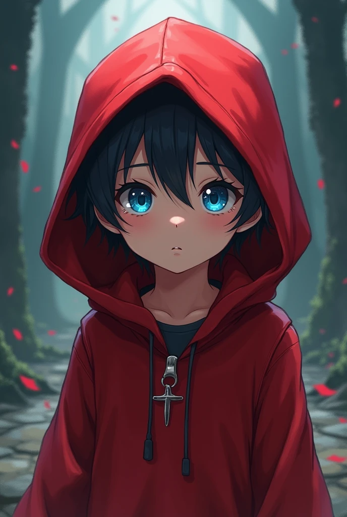 Red hooded boy red leo and blue eyes anime
