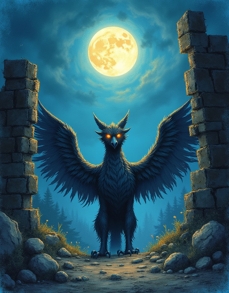 Drawings drawn by children, Drawn with crayons, (Griffon), moonlight, Ancient ruins, Solemn, mysterious, Eyes shining in the darkness, fog