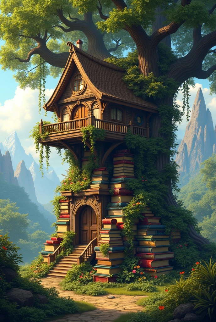 A tree house in a magical forest with mountains of books