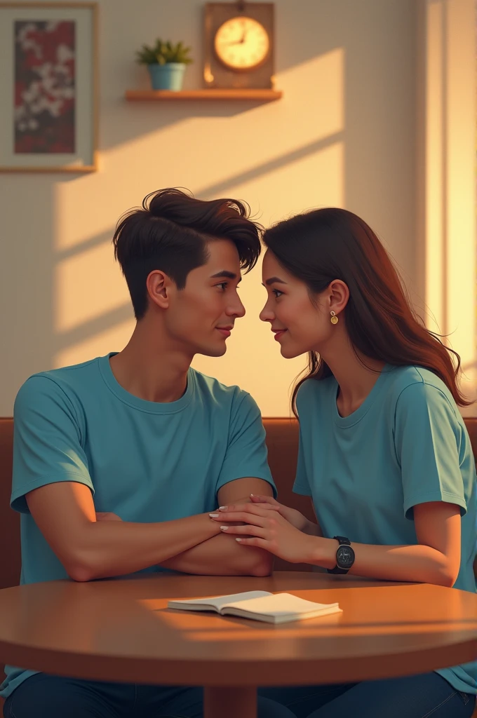 a guy and a girl in blue t-shirts are sitting next to the table