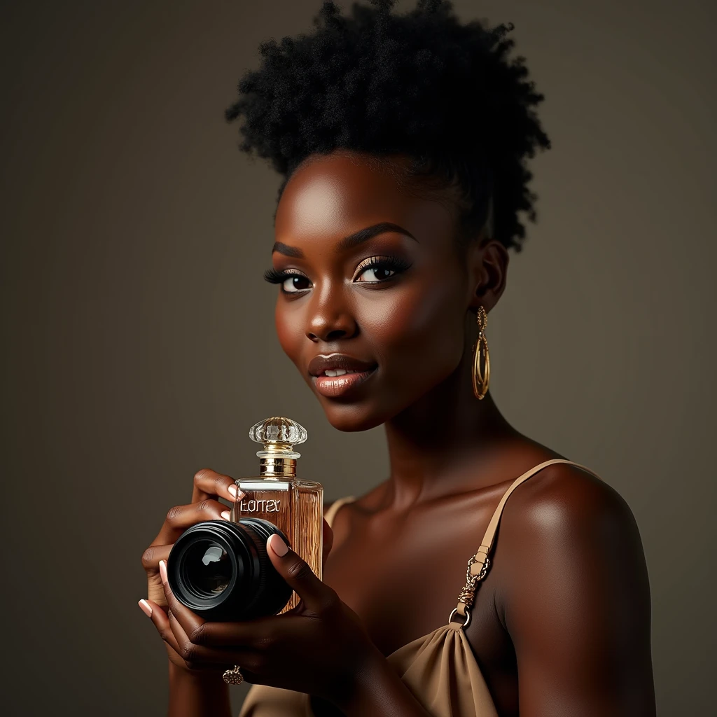 A photorealistic portrait of a beautiful ebony-skinned woman in a professional photography studio. She has a concentrated and passionate expression, holding a camera firmly as she carefully focuses on an elegant crystal perfume bottle. The lighting is soft and diffused, with a minimalist background to emphasize the subject and the product. The perfume bottle has a sophisticated design, with balanced reflections and shadows enhancing its elegance. The woman is wearing tasteful jewelry that complements her refined appearance. The image is rendered in 8k quality, with vivid colors and a high level of detail, showcasing professional studio lighting and physically-based rendering to create a realistic, high-quality product photography scene."
