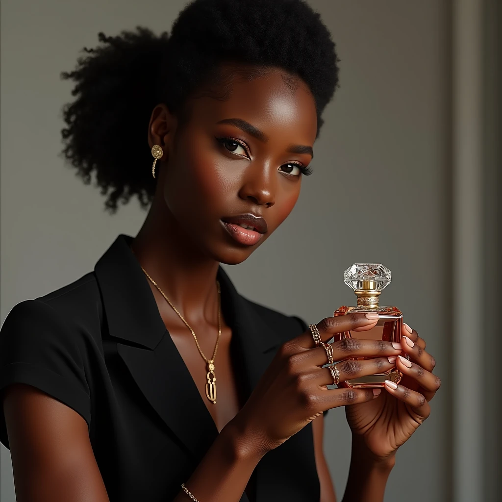 A photorealistic portrait of a beautiful ebony-skinned woman in a professional photography studio. She has a concentrated and passionate expression, holding a camera firmly as she carefully focuses on an elegant crystal perfume bottle. The lighting is soft and diffused, with a minimalist background to emphasize the subject and the product. The perfume bottle has a sophisticated design, with balanced reflections and shadows enhancing its elegance. The woman is wearing tasteful jewelry that complements her refined appearance. The image is rendered in 8k quality, with vivid colors and a high level of detail, showcasing professional studio lighting and physically-based rendering to create a realistic, high-quality product photography scene."
