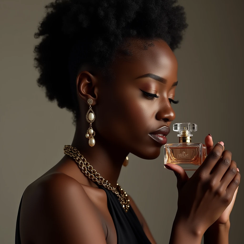 A photorealistic portrait of a beautiful ebony-skinned woman in a professional photography studio. She has a concentrated and passionate expression, holding a camera firmly as she carefully focuses on an elegant crystal perfume bottle. The lighting is soft and diffused, with a minimalist background to emphasize the subject and the product. The perfume bottle has a sophisticated design, with balanced reflections and shadows enhancing its elegance. The woman is wearing tasteful jewelry that complements her refined appearance. The image is rendered in 8k quality, with vivid colors and a high level of detail, showcasing professional studio lighting and physically-based rendering to create a realistic, high-quality product photography scene."
