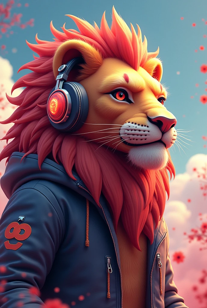 chinese style, cartoon lion,velues,highly detailed surreal vfx,独奏,vision,Ultrathin,extremely detaild,high qualiy,8k ,OC rendering,dynamic perspective, in jacket and headphones