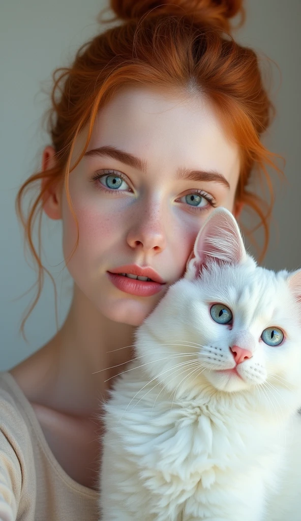 raw photo in UHD RAW format, (taking selfies,). A 20 year old girl with a bun, natural red hair and blue eyes, parted lips. hyper-realistic texture ], [ hyper-realistic skin texture ], good lighting. fine-details, olhos e rosto extremamente symmetrical, extremely detailed, symmetrical, sharp piercing eyes. a white cat
