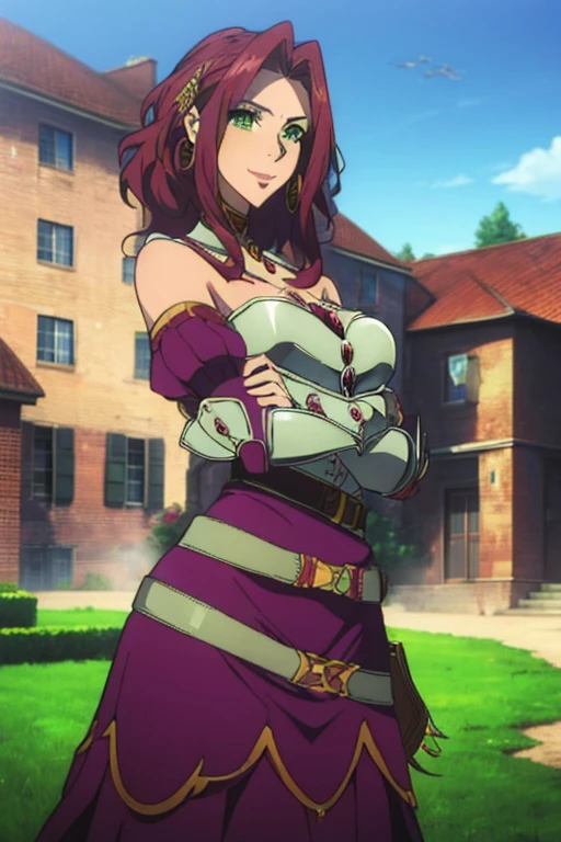 (masterpiece, Best Quality:1.4), looking at the viewer, cowboy shot, affected smile, malty melromarc, Red hair, by the wide, green eyes, exposed cleavage, big breasts, big breasts, hair ornament, earrings, jewelry, armor, armored dress, dress, separate sleeves, breastplate, purple skirt, belt, outdoor, grass, rose garden with rose petals in the air, big breasts, huge breasts, giant breasts