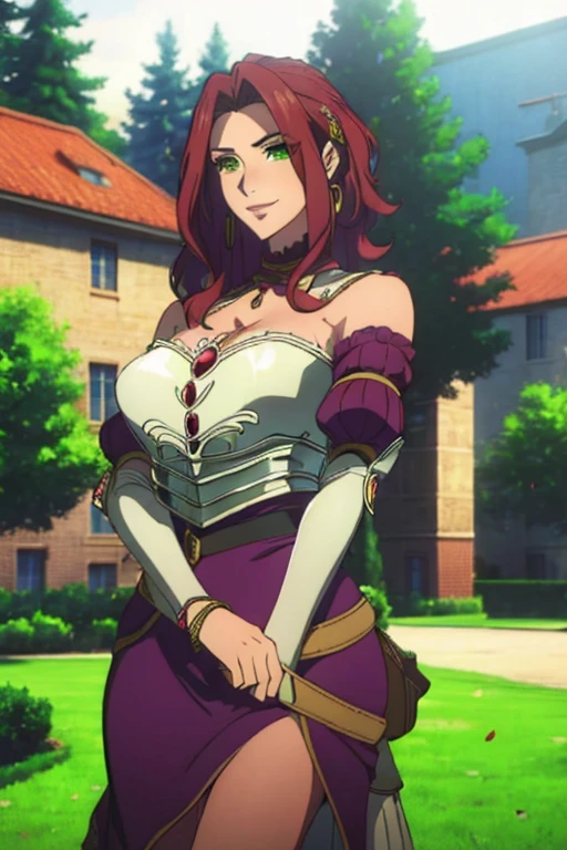 (masterpiece, Best Quality:1.4), looking at the viewer, cowboy shot, affected smile, malty melromarc, Red hair, by the wide, green eyes, exposed cleavage, big breasts, big breasts, hair ornament, earrings, jewelry, armor, armored dress, dress, separate sleeves, breastplate, purple skirt, belt, outdoor, grass, rose garden with rose petals in the air, big breasts, huge breasts, giant breasts