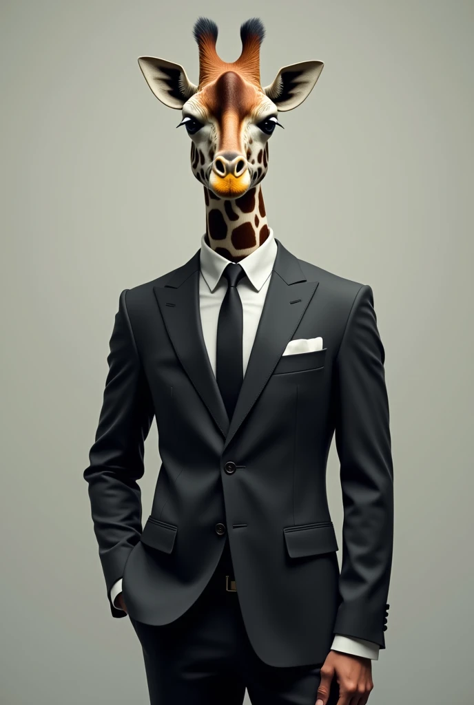 Man in elegant suit with head of a giraffe with hand in pocket