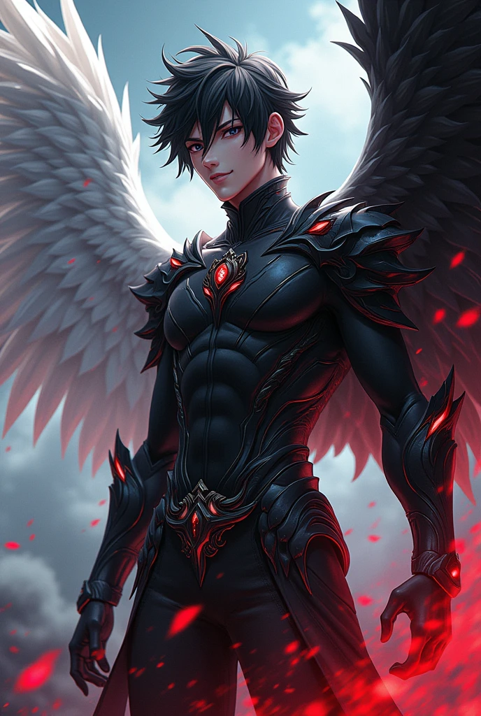 I want a person who is a man, half angel and half demon, Let it be like anime with its wings open for a cover image