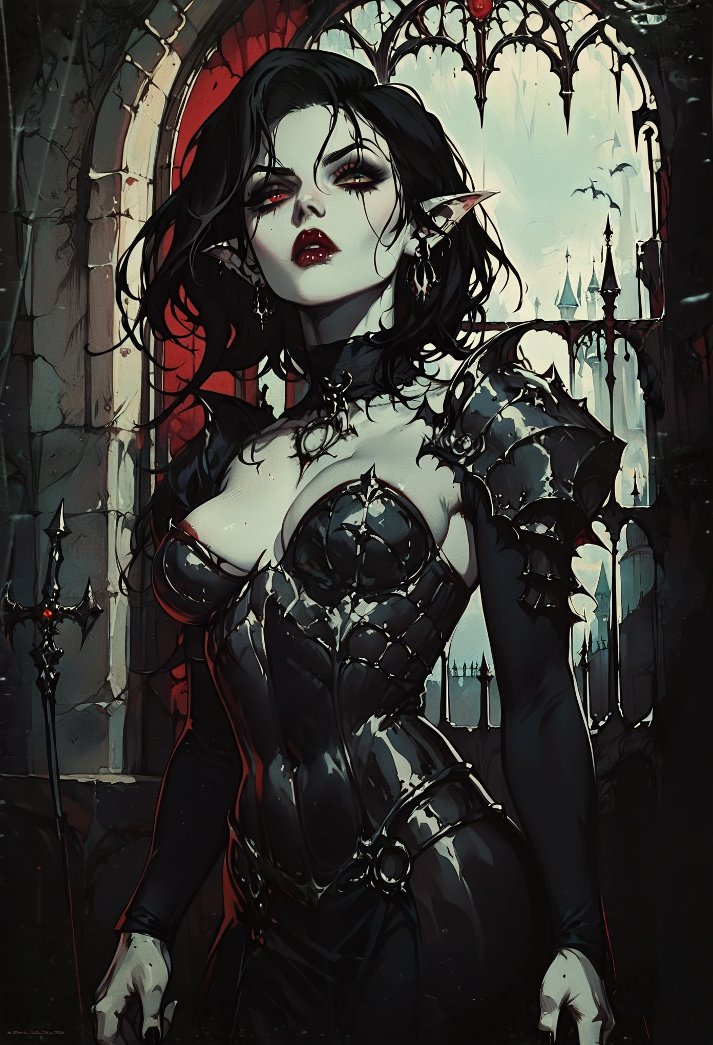 vampires, thick black hair pale skin, Eyes red, Red lips, Black armor with red details, with pointy ears, dark, dark Castle, fully body