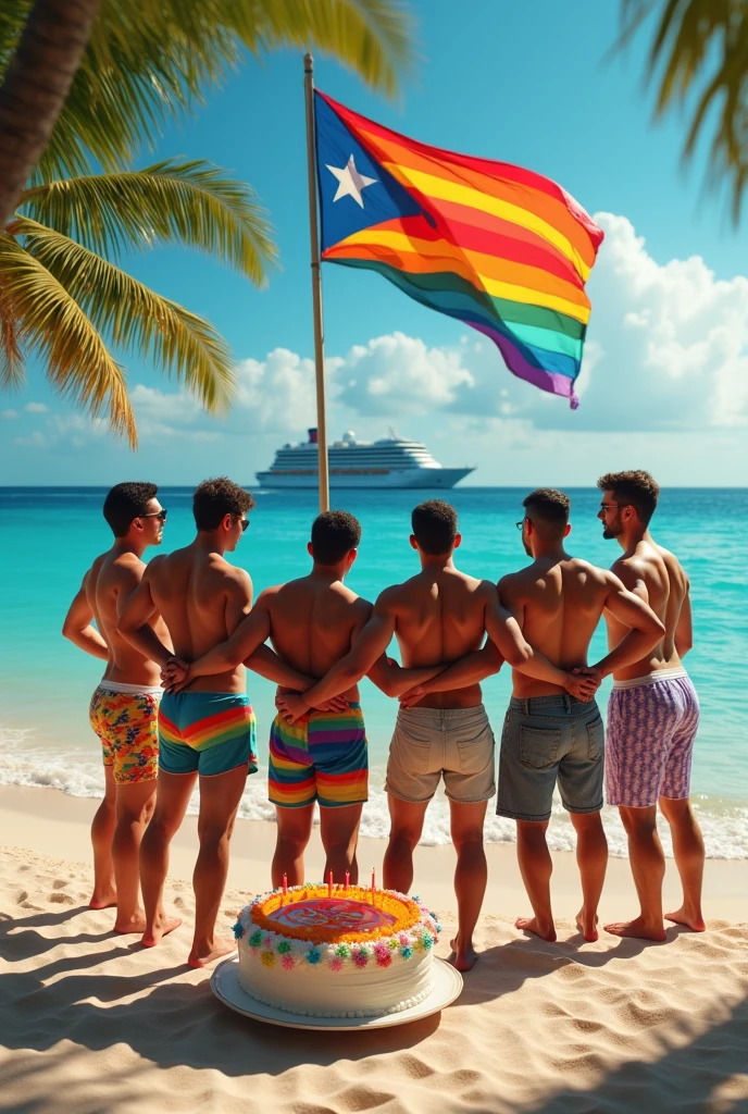 Big Puerto Rico gay flag, cruise, happy birthday cake . Gay men looking to the Sea naked , February month
