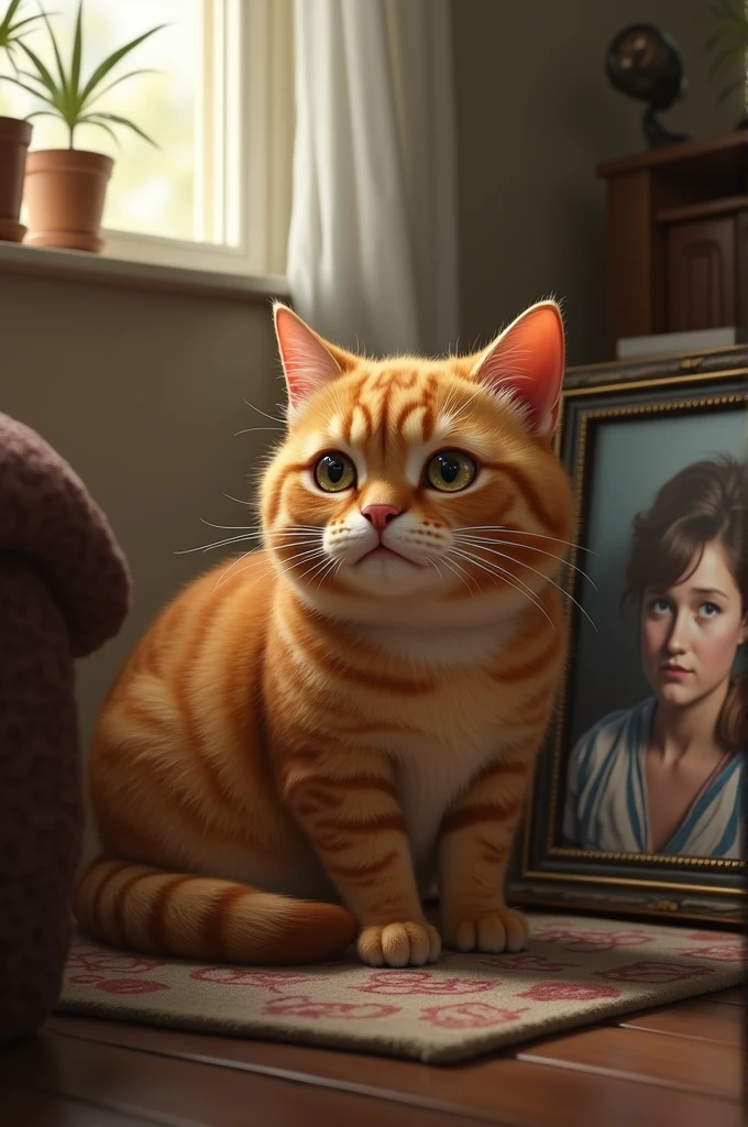 The ginger cat sitting in the house tears coming in the eyes and watching the  girl photo frame.