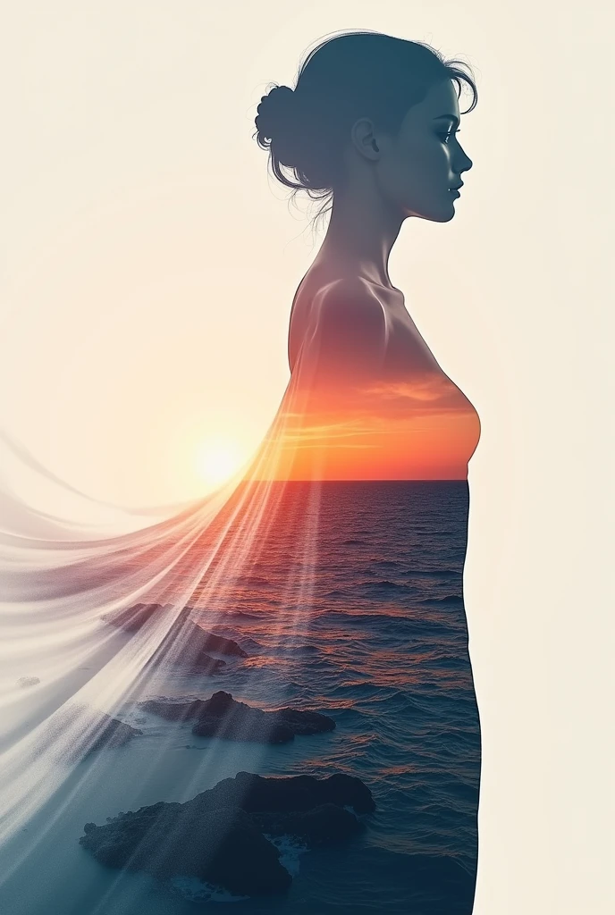 high quality, 8K Ultra HD, A beautiful double exposure that combines an goddess silhouette with sunset coast, sunset coast should serve as the underlying backdrop, with its details incorporated into the goddess , crisp lines, The background is monochrome, sharp focus, double exposure, by yukisakura, awesome full color,