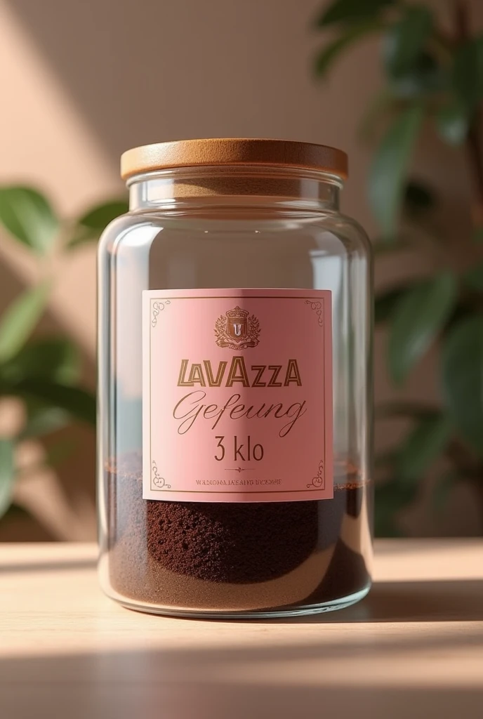 Make me a glass container, with sustainable ground coffee packaging and a Lavazza coffee label on the outside with pretty typography in pastel pink colors and a wooden lid. That it comes with a size of 3 kilos of coffee on the label