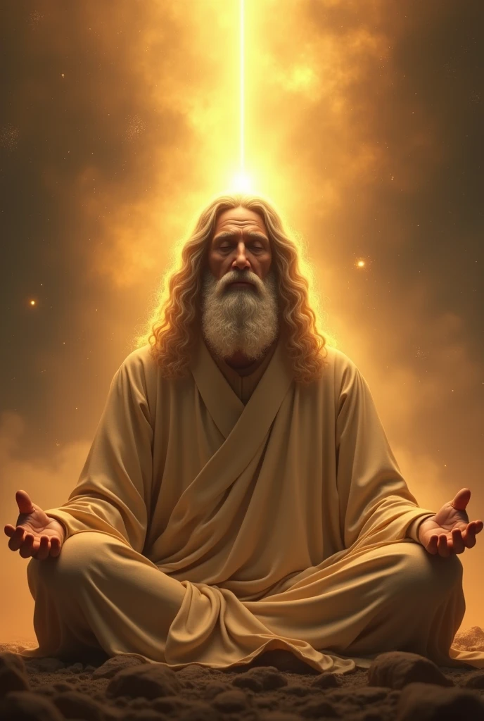 (photorealism:1.2), saint with long beard meditative position, half eyes closed ,radiant light,golden atmosphere, mystical environment, calmness on face , light from sky connecting towards the head , the universe is giving bkessing to the saint 